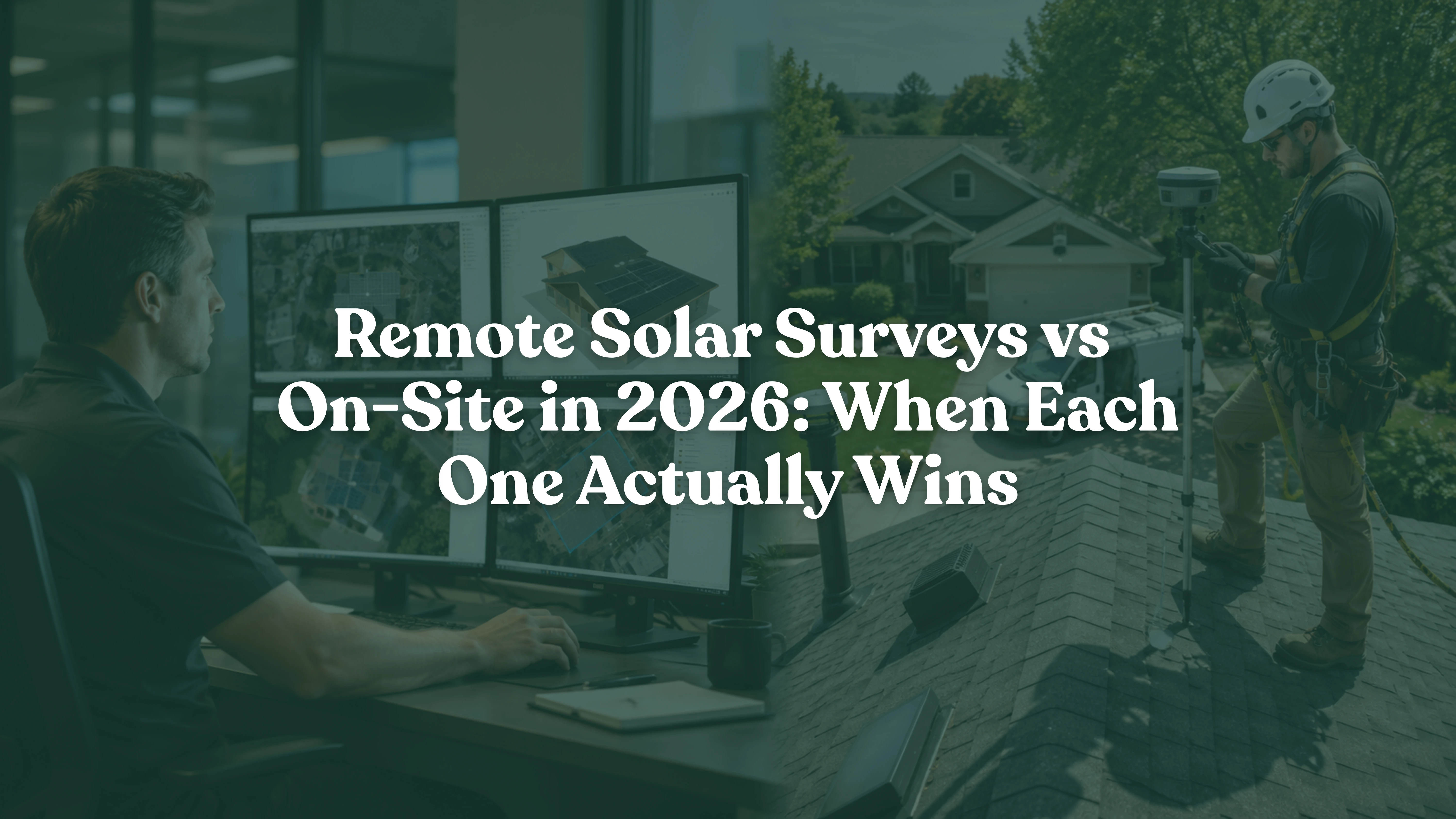 Solar professional performing a remote solar survey using satellite imagery and digital roof modeling alongside a field technician conducting an on-site residential rooftop survey for solar panel installation.