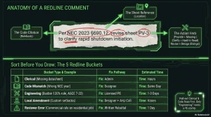 AHJ plan check comments marked on a solar permit plan set