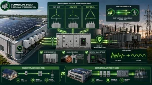 Commercial solar three-phase interconnection with 208V and 480V service, inverters, utility grid, point of interconnection, and IEEE 1547