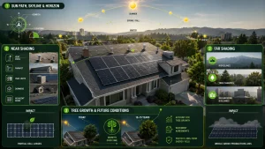 Solar shading analysis infographic showing sun path, near and far shading, horizon data, tree growth, and rooftop PV system design