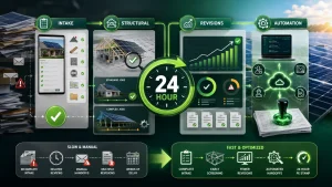 24-hour PE stamping workflow for solar EPCs showing solar plan intake, structural review, permit revisions, automated engineering handoffs, and faster solar permitting.