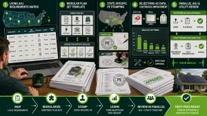 Solar permitting workflow infographic showing an AHJ requirements matrix, modular solar plan sets, state-specific PE stamping, rejection tracking, and parallel utility interconnection review for faster first-pass solar permit approval.