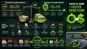 Cost comparison infographic of 24-hour and 48-hour PE stamp services for solar projects, highlighting faster cash flow, reduced permitting delays, improved project margins, quicker payments, and increased profitability for solar installers and EPCs.