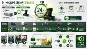 24-hour PE stamp infographic comparing expedited and standard solar engineering services, showing faster permit approvals, streamlined PE review, quicker solar installation, improved cash flow, higher ROI, and reduced project delays for solar installers and EPCs.