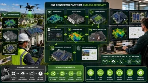 Infographic illustrating integrated solar site survey technology with drone-based 3D roof mapping, AI-powered design software, CRM integration, shade analysis, and automated proposal generation for U.S. solar installers in 2026.
