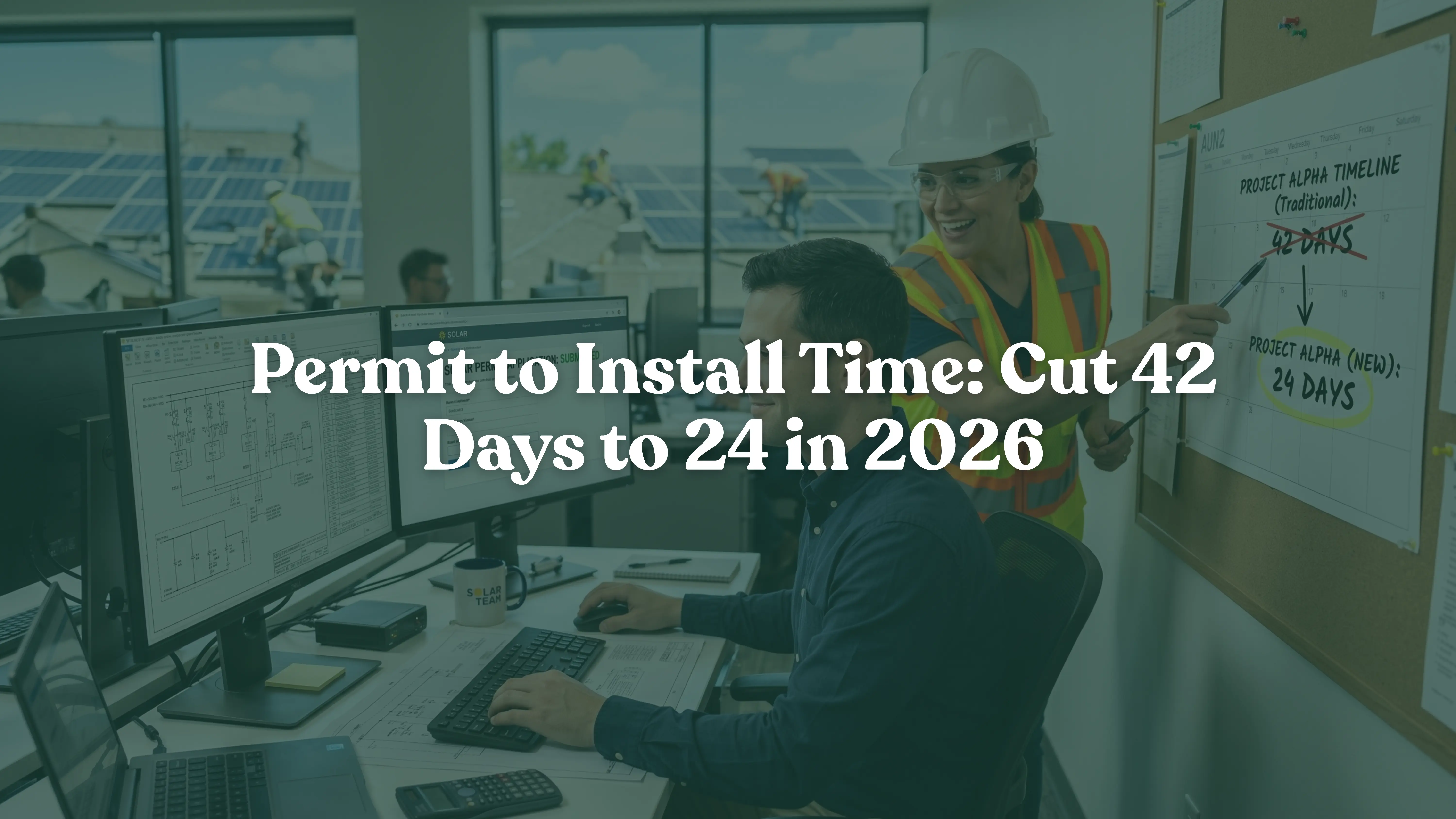 Solar engineer and project manager celebrating a faster 24-day permit-to-install timeline in a modern office with solar blueprint design on screens.