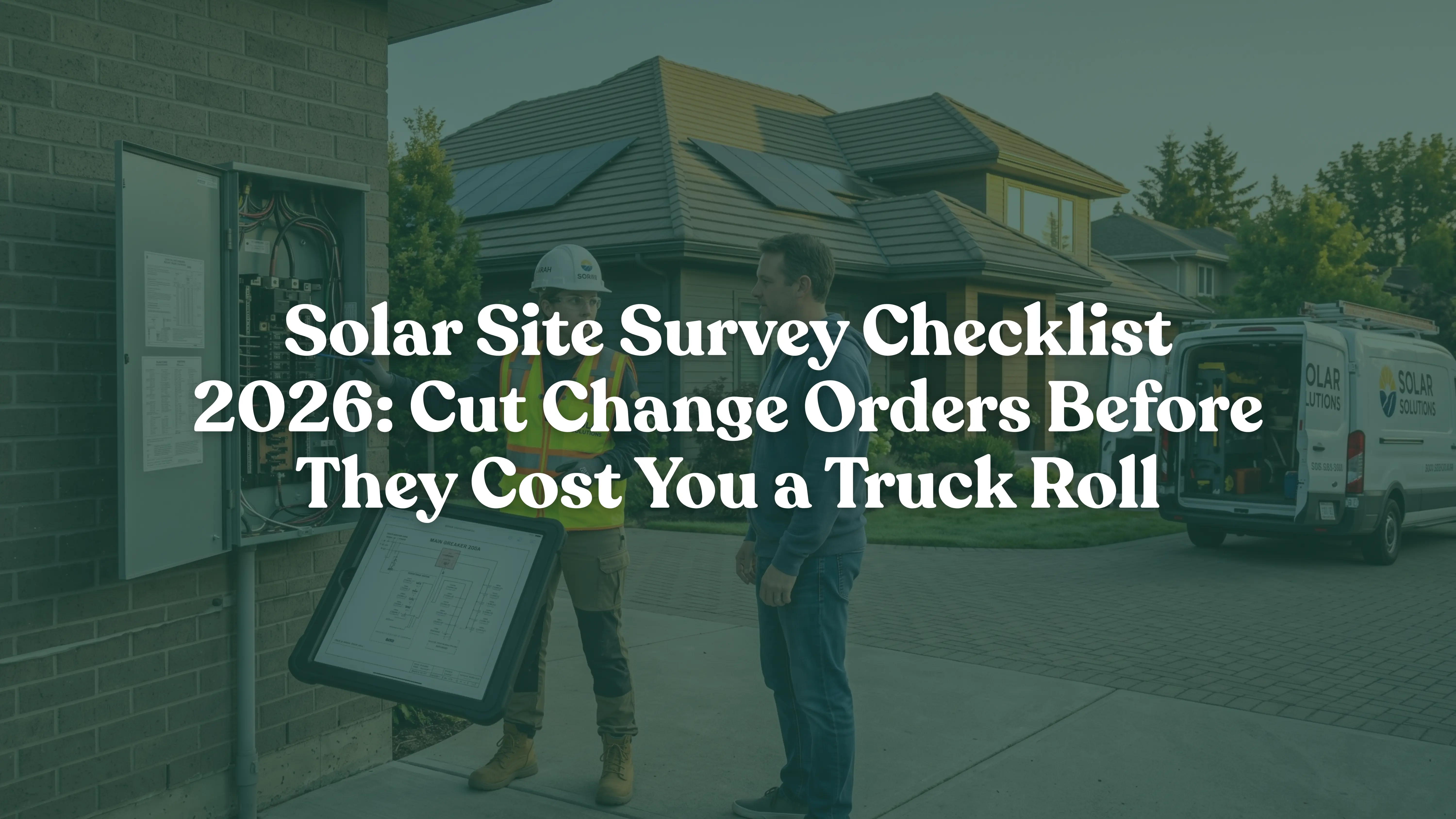 Solar site surveyor pointing out electrical panel specs to homeowner during residential solar site assessment