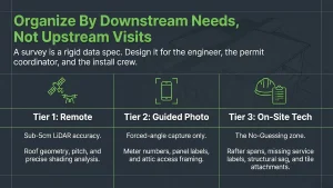 Three-tier solar site survey checklist 2026 showing remote, photo, and on-site capture fields