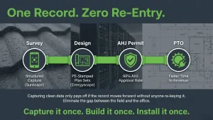 Single-pass field data capture solar workflow from site survey to PE-stamped plan set