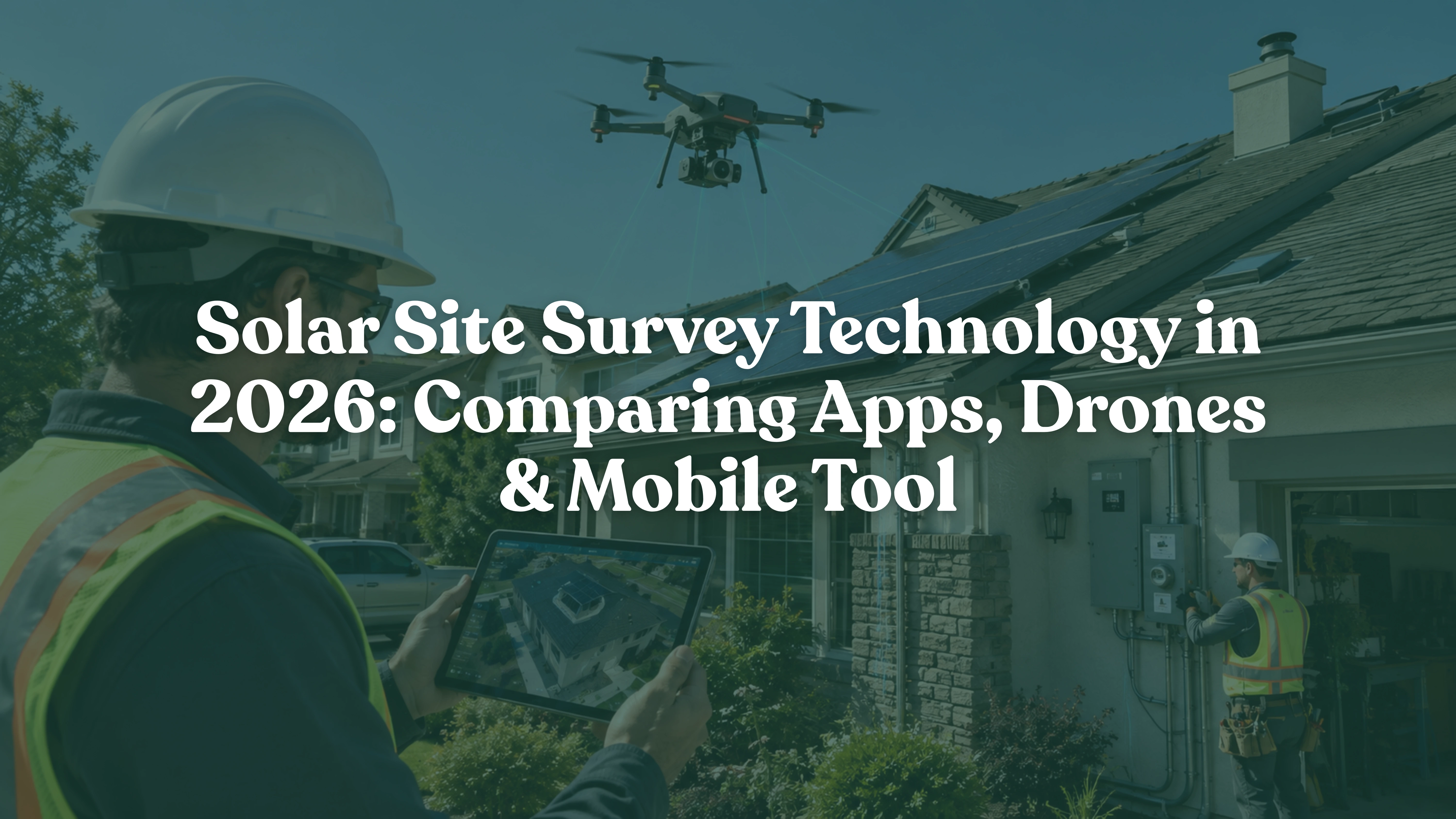 Solar technician using a drone and AI-powered tablet to perform a residential solar site survey with rooftop solar panels, showcasing advanced solar survey technology for U.S. installers in 2026.