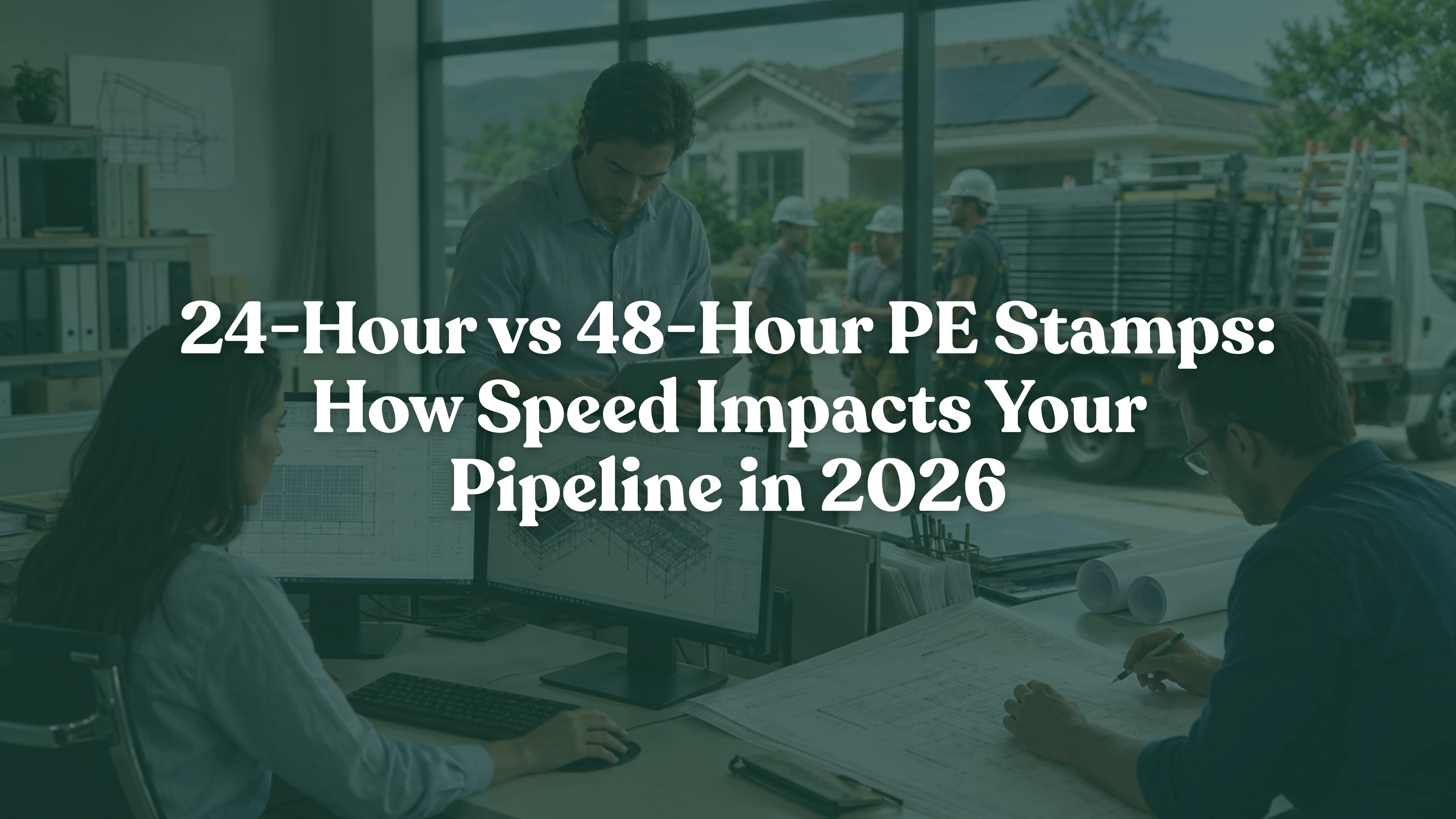 Solar engineers reviewing residential PV plans for PE stamping while installation crews wait outside, illustrating how fast PE stamp turnaround improves solar project timelines and installation efficiency.