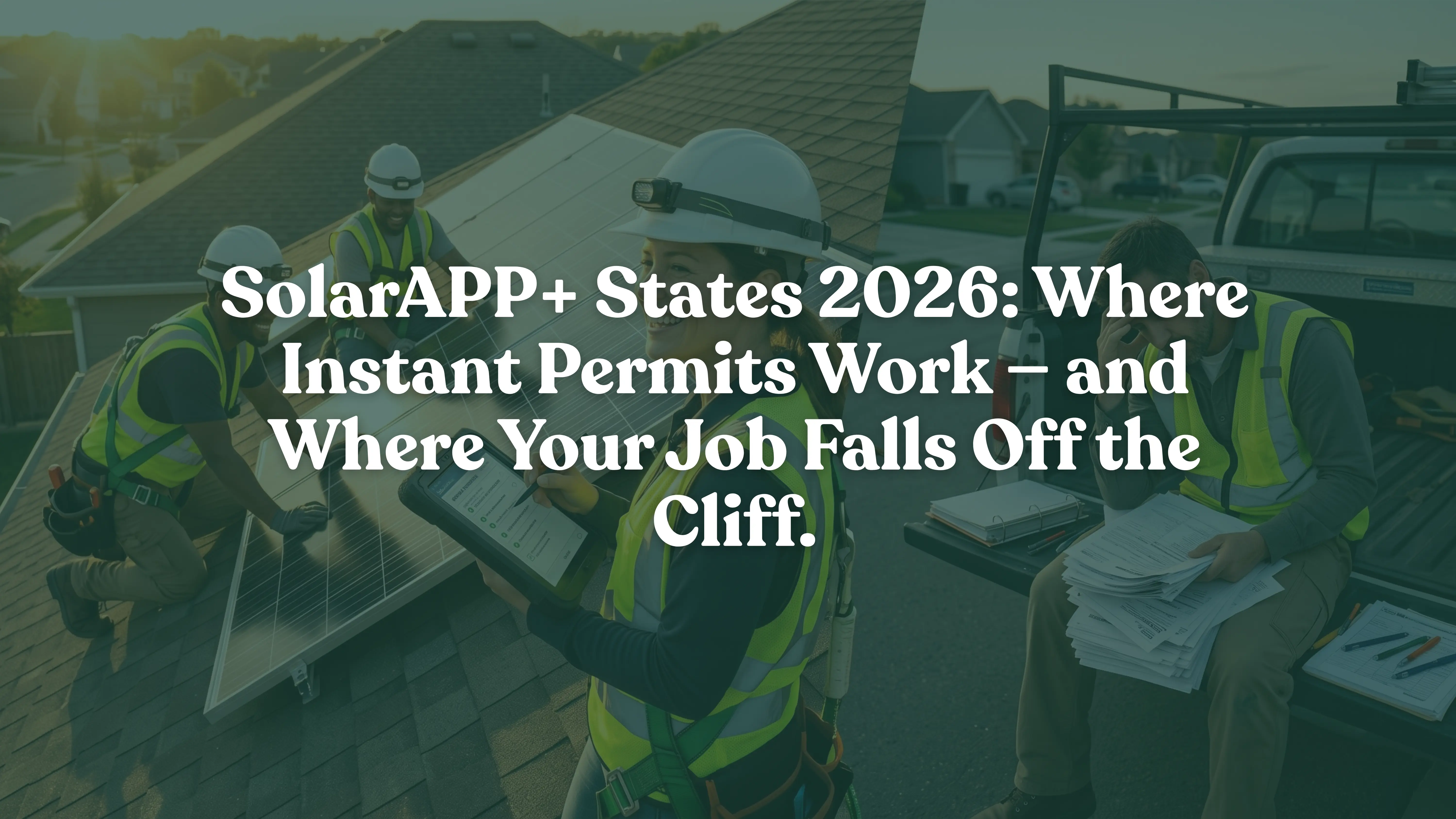 Split scene comparing a happy solar installation crew fast-tracking rooftop panels using digital SolarAPP+ automated permitting against a stressed technician delayed by traditional paper plan reviews.