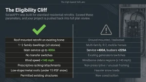 Checklist infographic of SolarAPP+ eligibility requirements that disqualify solar projects in 2026