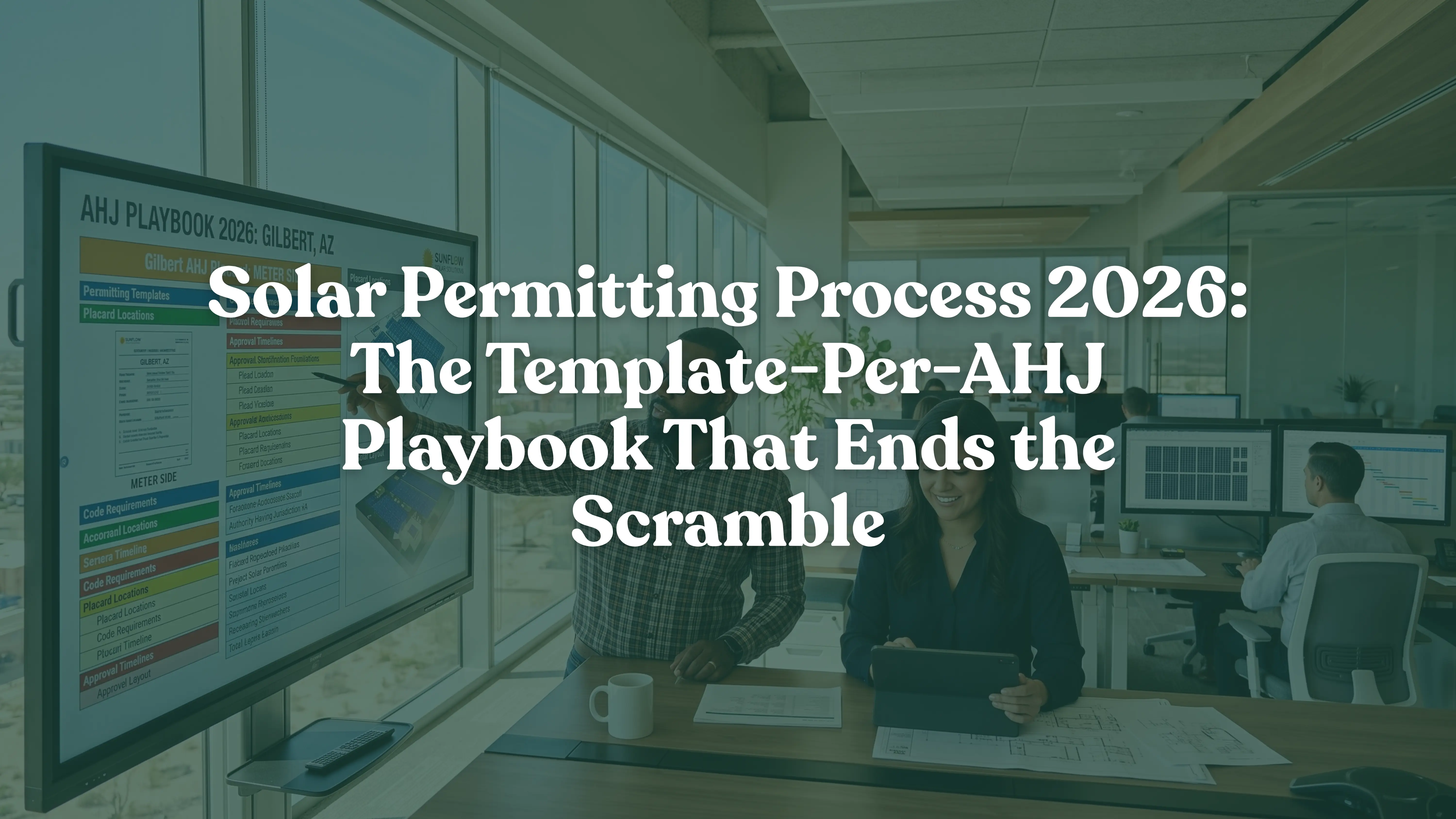 Solar permit team reviewing organized AHJ permitting templates and solar blueprints in a modern office