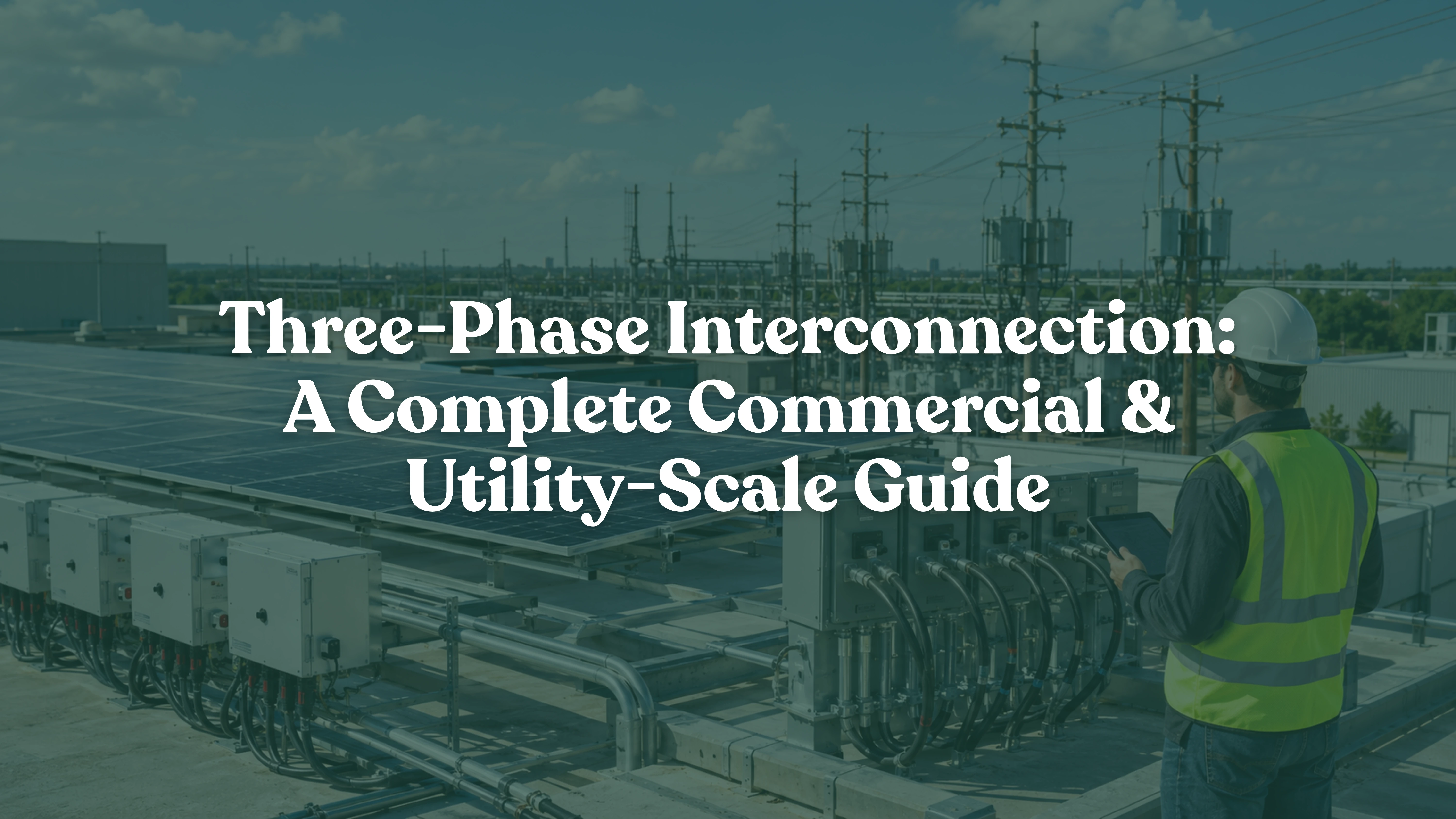 Commercial solar three-phase system with utility interconnection, rooftop solar panels, electrical switchgear, and point of interconnection equipment
