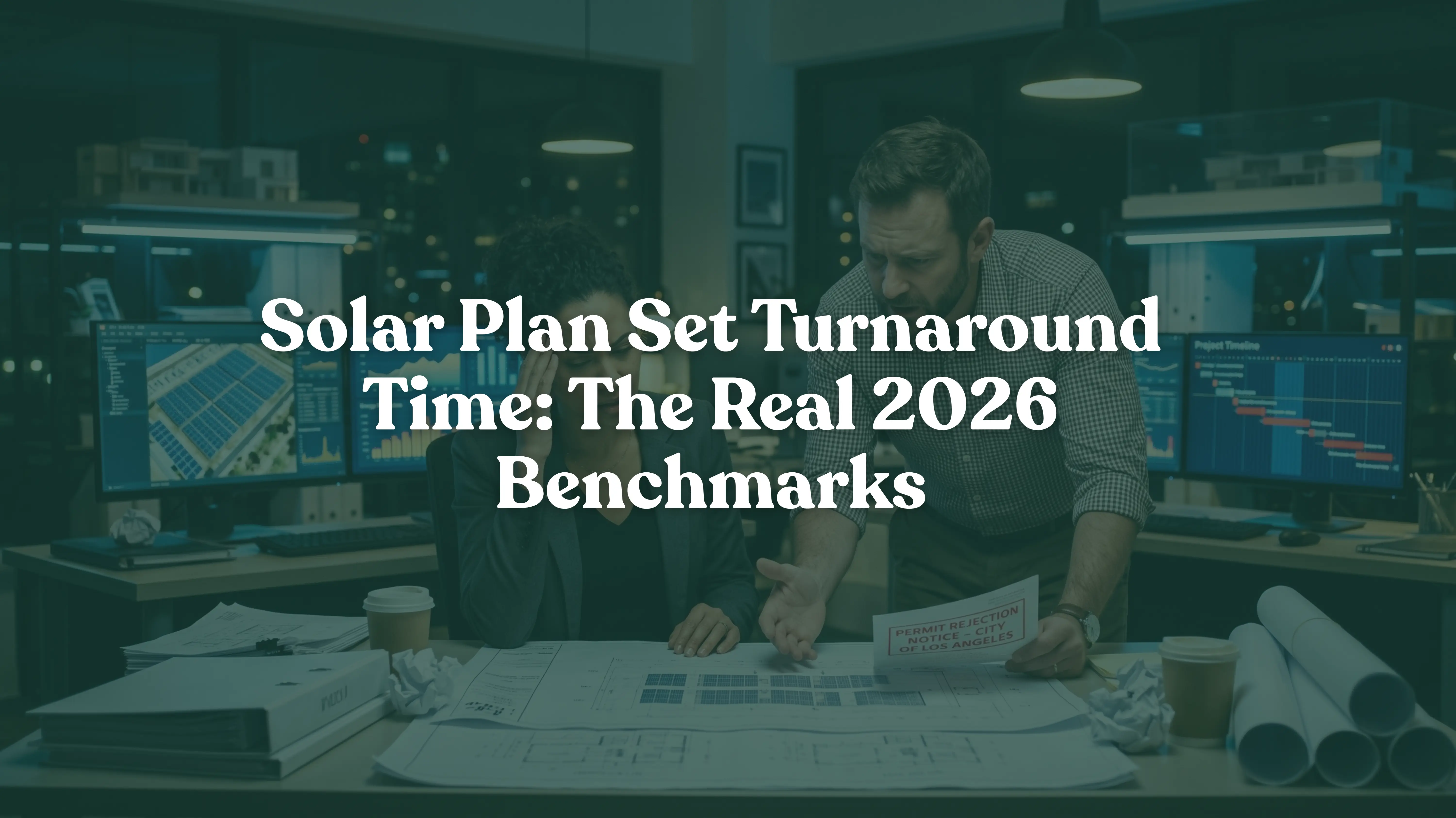 A weathered solar project manager stands over a backlit drafting table covered in detailed rooftop PV blueprints, electrical line diagrams, and stamped permit sets. Beside him, a focused design engineer gestures urgently at a glowing multi-monitor workstation displaying CAD schematics, red-lined correction notices, and a ticking calendar milestone. Dramatic film lighting with warm tungsten highlights cutting through cool blue anamorphic shadows, cinematic color grading, shallow depth of field, 35mm widescreen film grain, capturing raw determination, urgency, and high-stakes tension.