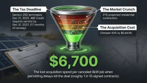 Market pressure sharpens it. SEIA and Wood Mackenzie project a 21% residential contraction for 2026. Customer acquisition cost climbed about 40% to $0.84 per watt. Meanwhile, roughly 1 in 10 signed contracts cancel before install, with permitting delays among the top causes — about $6,700 in lost acquisition spend on an 8 kW job.