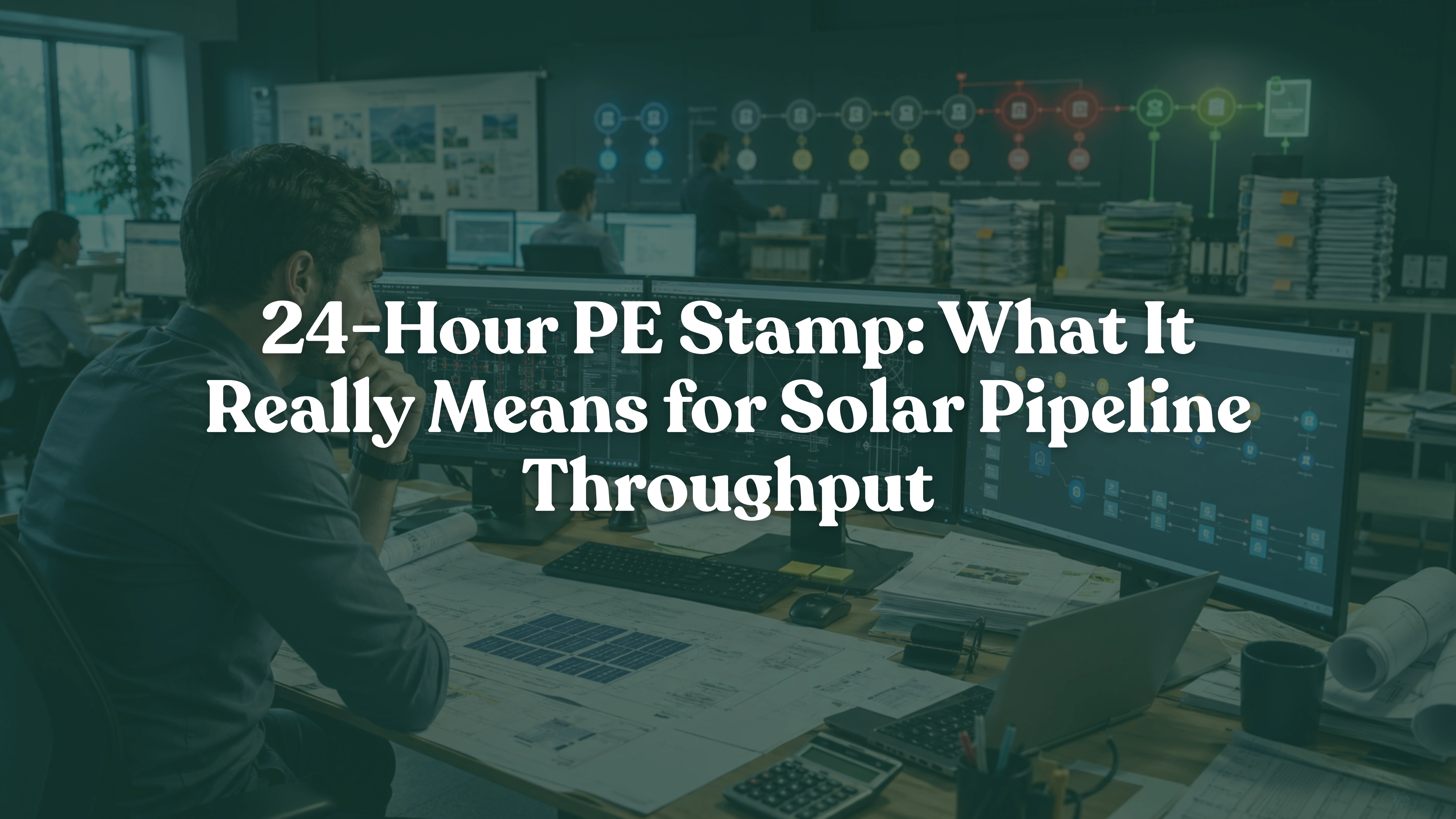 Solar engineering team reviewing PV plans and permitting workflow to improve PE stamping and project throughput.