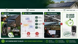 Solar plan set turnaround bottlenecks infographic showing site data issues, AHJ and utility requirements, structural review, and 24-hour PE stamping delays.