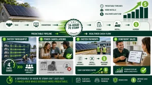 24-hour PE stamp infographic showing how faster solar engineering turnaround improves project throughput, reduces cancellations, accelerates payments, and strengthens sales and cash flow.