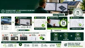 Infographic showing that a 24-hour PE stamp covers only engineer review and sealing, while design and plan-set preparation can make the total solar project turnaround four days.