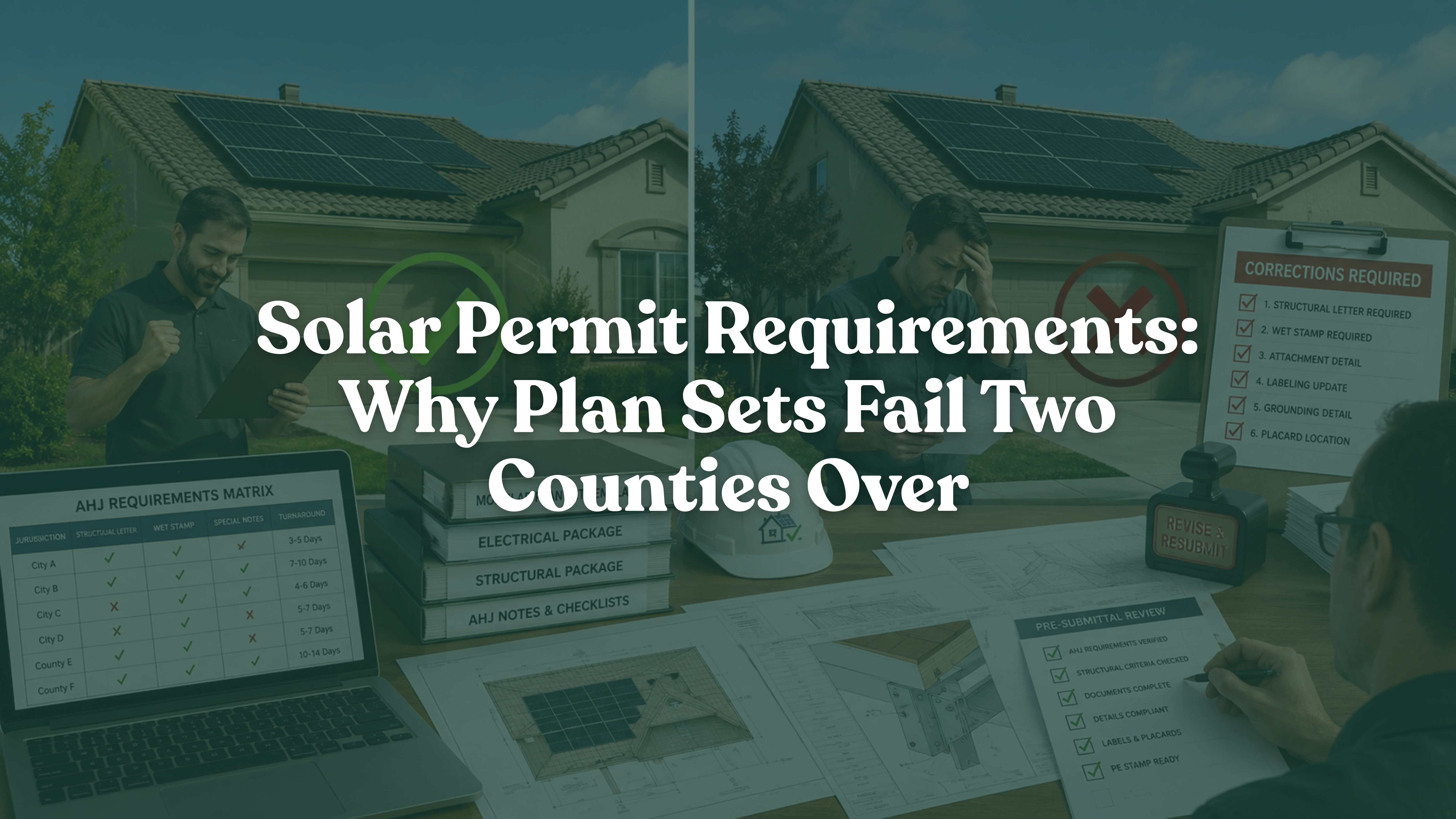 Solar permit plan set showing AHJ requirements, PE-stamped solar engineering drawings, and pre-submittal review for code-compliant solar permitting and first-pass approval.