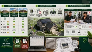 Solar permitting infographic showing how AHJ requirements vary by jurisdiction, including NEC code adoption, local solar permit amendments, fire setbacks, structural requirements, and plan reviewer discretion for compliant solar engineering and permitting.