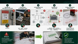 Solar permitting infographic showing five common solar plan set errors: missing rapid shutdown placards, structural attachment gaps, interconnection conflicts, incomplete site plans, and PE stamp or state licensure mismatches affecting solar permit approval.