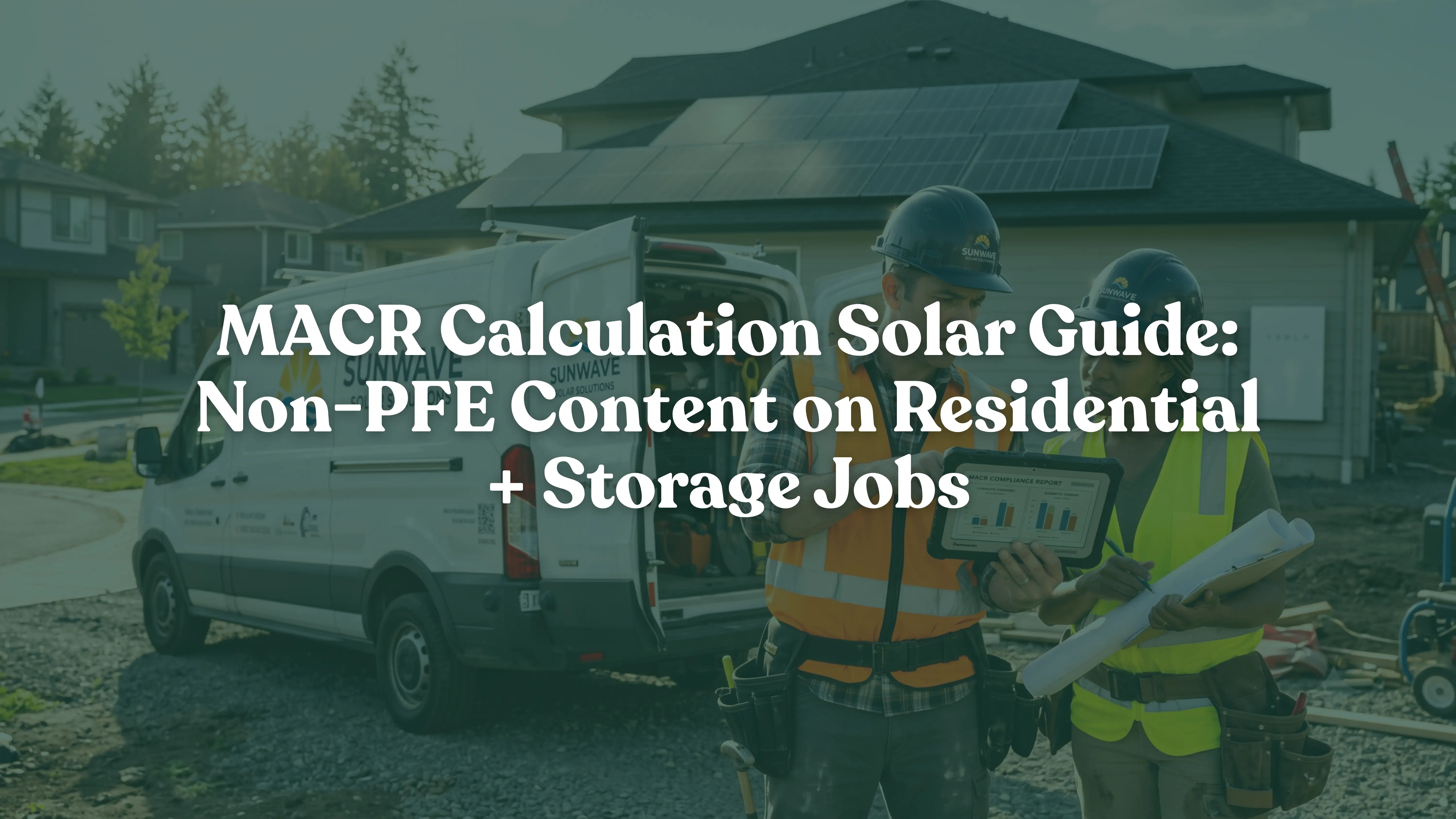 Solar installation contractor and engineer reviewing dual MACR domestic content calculation compliance on a digital tablet next to a residential solar panel and battery storage setup.
