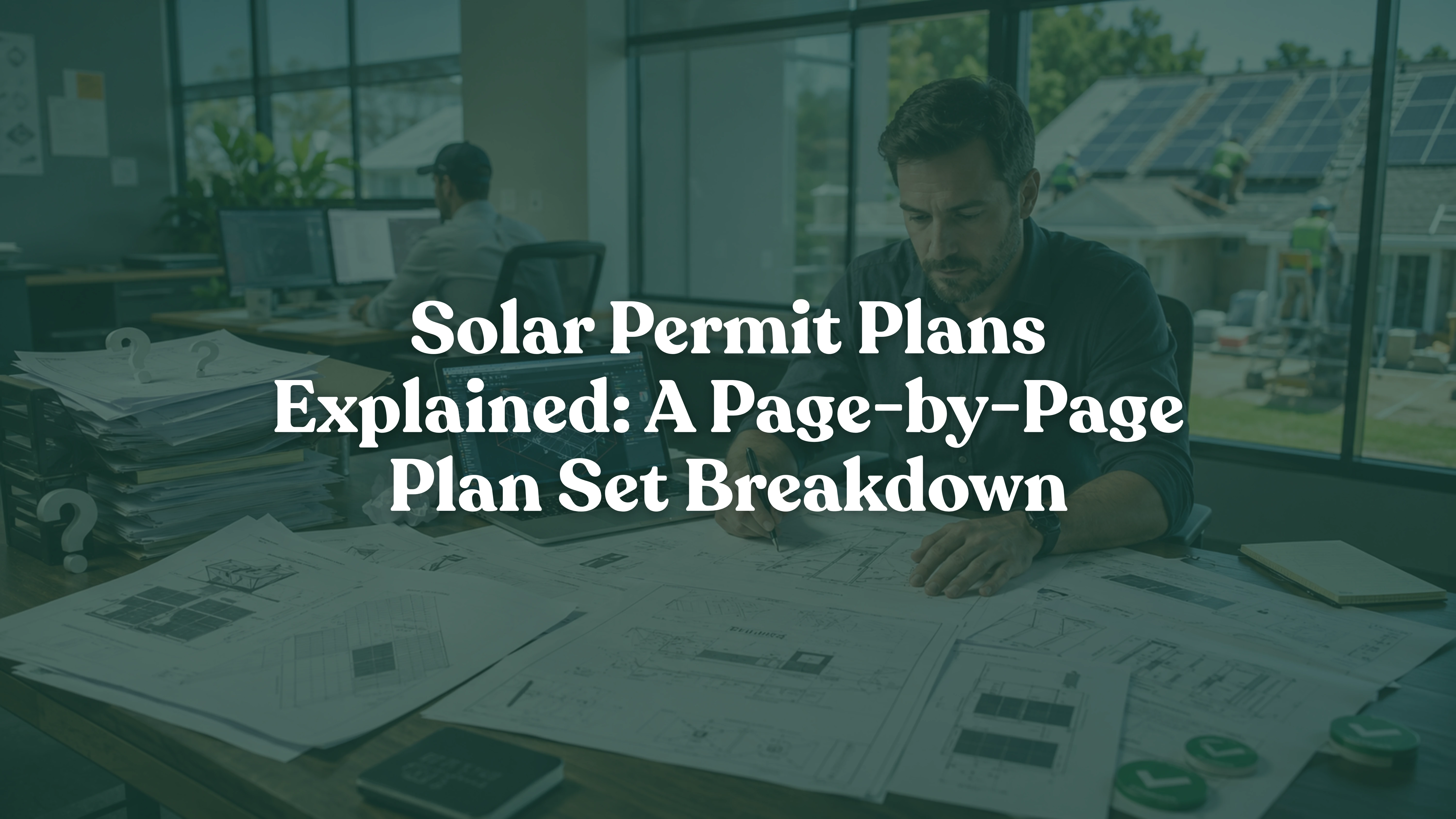 Solar permit plan review with an engineer examining complete residential solar permit plans, electrical diagrams, and rooftop solar installation documents to support faster AHJ approval.