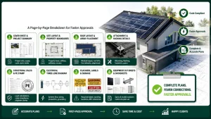 8 essential sheets in solar permit plans, including cover sheet, site layout, roof array placement, racking details, structural calculations, electrical three-line diagram, solar labels and signage, and equipment datasheets for faster, code-compliant solar permit approval.