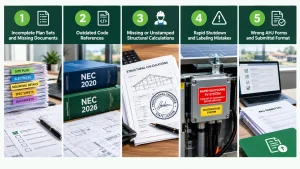 Infographic showing five common solar permit rejection causes, including incomplete plan sets, outdated code references, missing structural calculations, rapid shutdown errors, and incorrect AHJ forms.