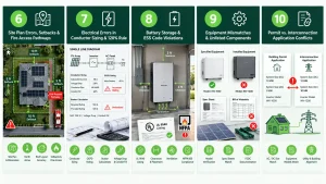 Infographic showing five common solar permit rejection issues: site plan and fire setbacks, electrical sizing errors, battery storage code violations, equipment mismatches, and permit-interconnection conflicts.