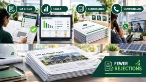 Solar permit QA workflow infographic showing AHJ checklist review, rejection tracking, standardized plan templates, reviewer communication, and fewer solar permit rejections.