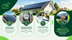 Orphaned solar system infographic showing three interconnection scenarios: built but not interconnected, missing contractor, and stalled permit, with utility transfer as the goal.