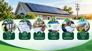 Six-step solar interconnection transfer infographic showing site audit, utility records, homeowner authorization, contractor transfer, plan updates, and PTO approval for an orphaned solar system.