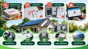 Solar interconnection transfer infographic highlighting four common roadblocks: missing records, expired applications, NEC code gaps, and utility portal access issues.