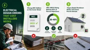 Solar electrical design errors infographic showing incorrect NEC code editions, NEC 690.8 conductor sizing, ambient temperature and conduit fill derating, and rapid shutdown compliance issues that can cause solar permit rejections and installer delays.