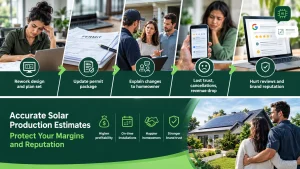 Solar production estimates infographic showing solar design rework, permit delays, homeowner trust, cancellations, revenue loss, and solar engineering solutions for EPCs and installers