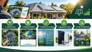 Solar production estimate infographic showing a solar site survey, shade analysis, weather and loss data, equipment specifications, AHJ requirements, and utility interconnection for accurate solar design and permitting.