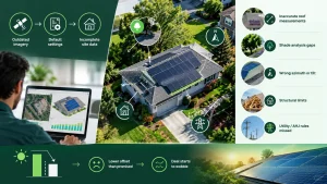 Solar site survey and production estimate infographic showing roof measurements, shade analysis, solar design, AHJ requirements, and utility interconnection to prevent solar project redesigns.