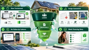 Solar proposal conversion infographic showing four key sales pipeline leaks: slow turnaround, design guesswork, weak follow-up, and limited financing options for U.S. solar installers.