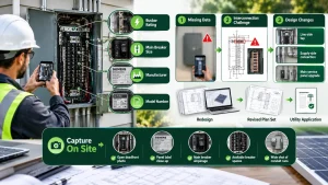 Solar service panel inspection infographic showing field documentation of busbar rating, main breaker size, manufacturer, model number, and conduit runs to prevent solar plan-set redesigns and permitting delays.