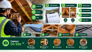 Solar roof framing inspection infographic showing rafter measurements, truss conditions, water damage, double shingles, and site survey details needed to prevent structural redesigns and solar plan-set delays.