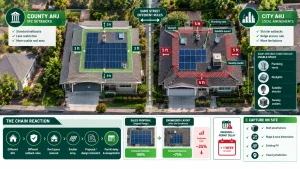 Solar permitting infographic showing how fire setbacks, AHJ requirements, and roof obstructions affect residential solar panel layouts, usable roof space, and permit approval.