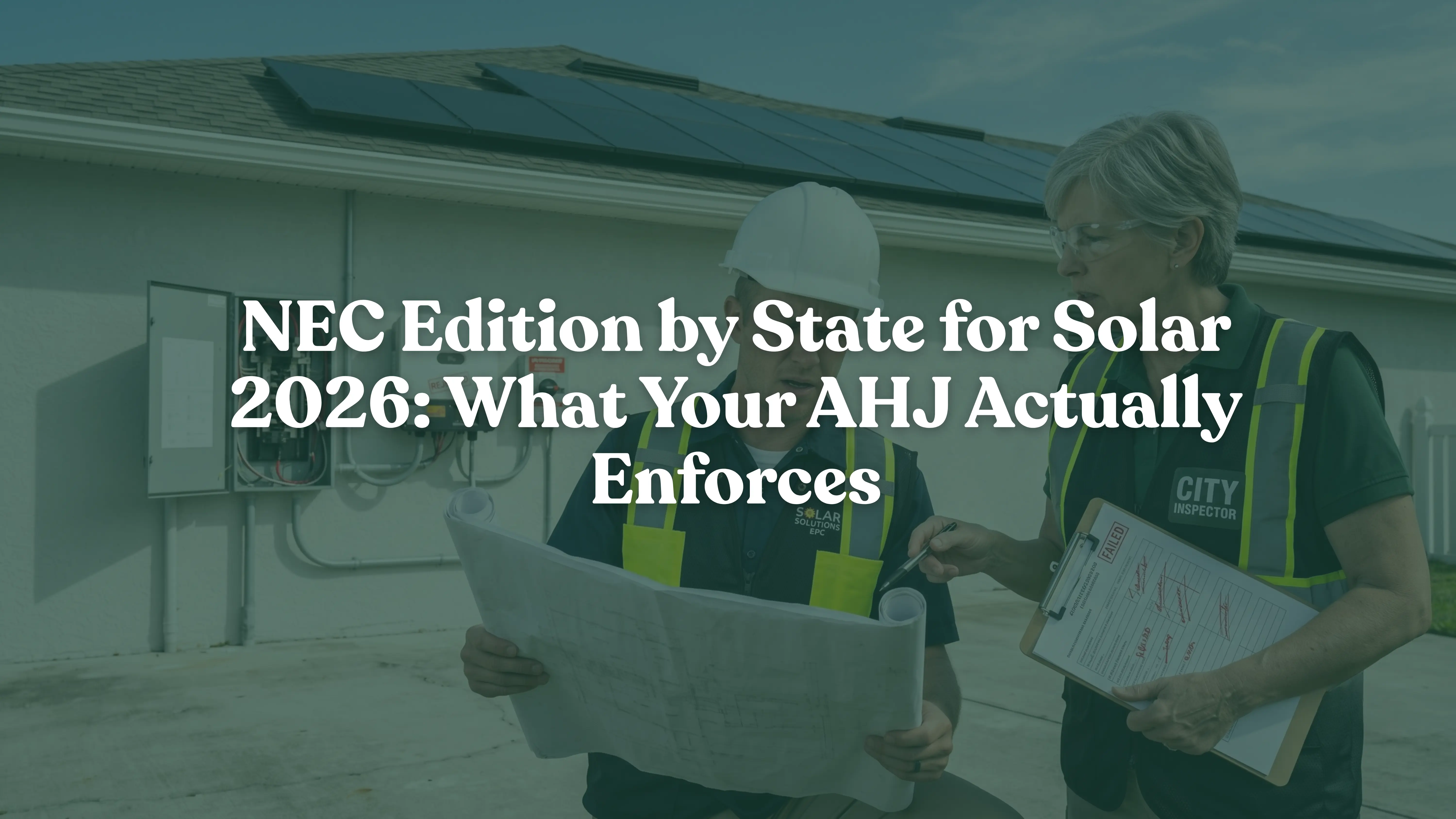 Alt text: Solar EPC contractor and municipal electrical inspector reviewing redlined solar plan set blueprints and electrical disconnect labels outside a residential solar installation.