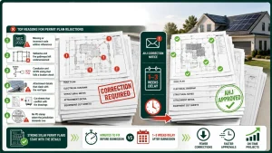 Solar permit plan infographic showing six common AHJ rejection reasons, including incorrect code references, missing setbacks, electrical sizing errors, roof attachment conflicts, mismatched equipment cut sheets, and missing PE stamps, leading to 1–3 week permit delays.