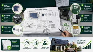 Solar permit plan review infographic highlighting six AHJ approval checkpoints: array placement, attachment details, power flow, code compliance, equipment matching, and consistent labeling for faster approvals and fewer field RFIs.