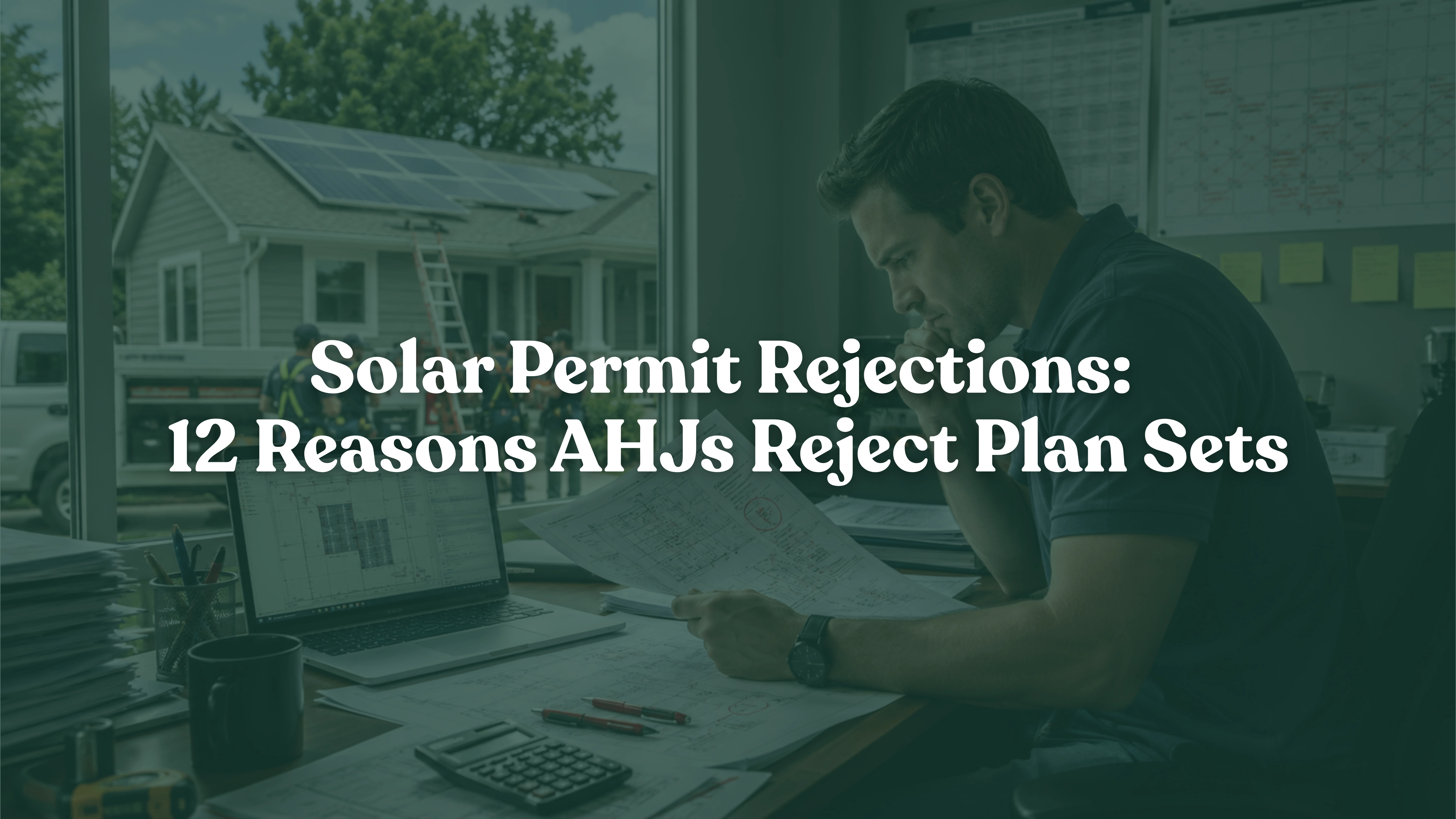 Solar permit rejection delaying a U.S. residential solar installation, with an engineer reviewing solar permit plan sets, electrical drawings, structural calculations, and AHJ compliance documents while an installation crew waits at a rooftop solar project.