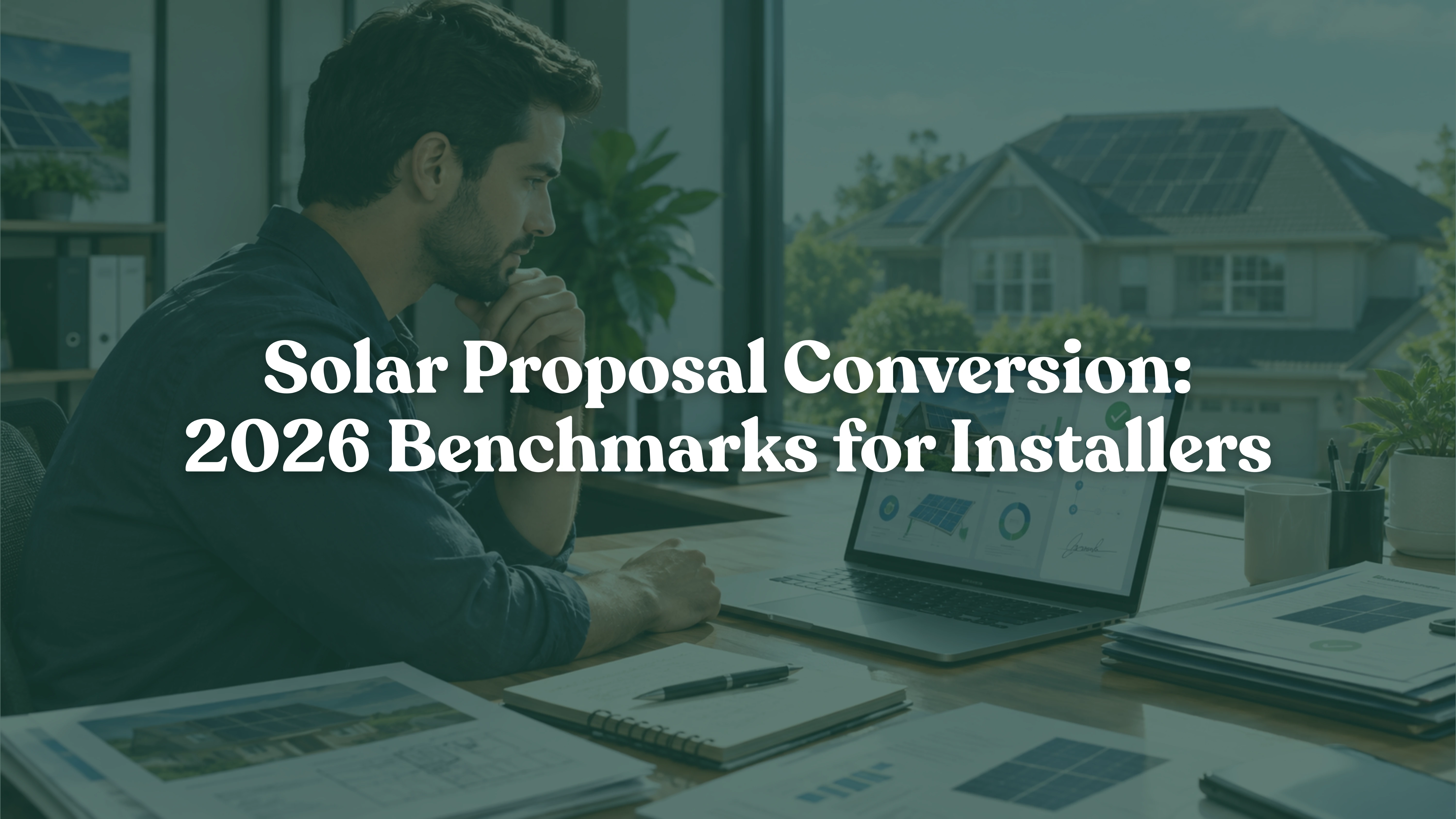 Solar installer reviewing a digital solar proposal and contract conversion dashboard in a modern office with a residential home featuring rooftop solar panels.